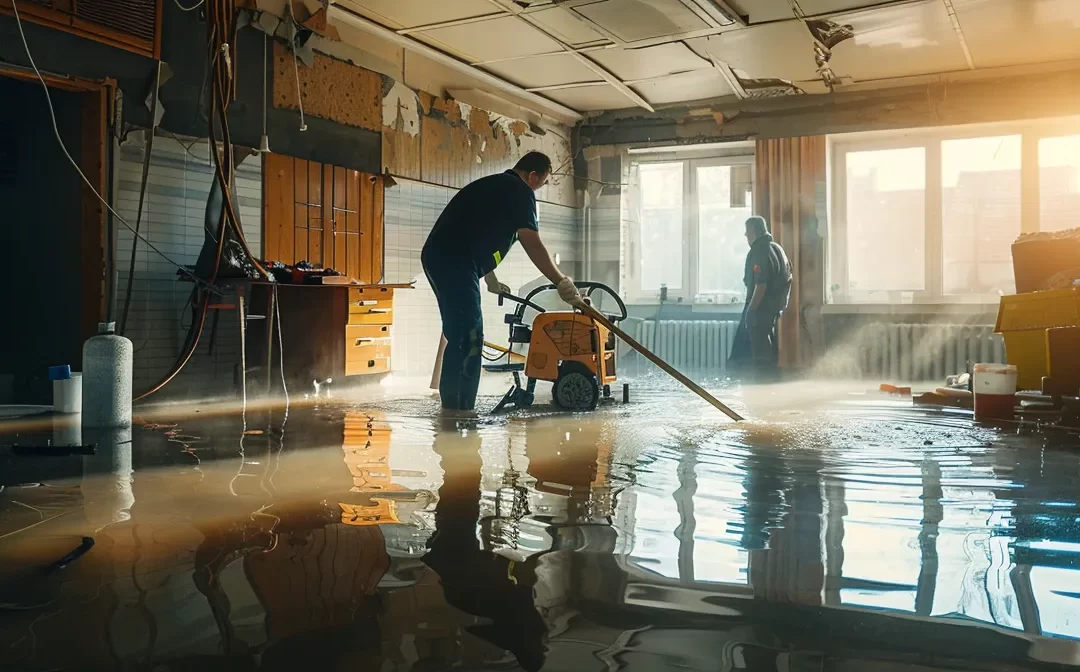 a team of workers using equipment to clean up water damage in a flooded building.